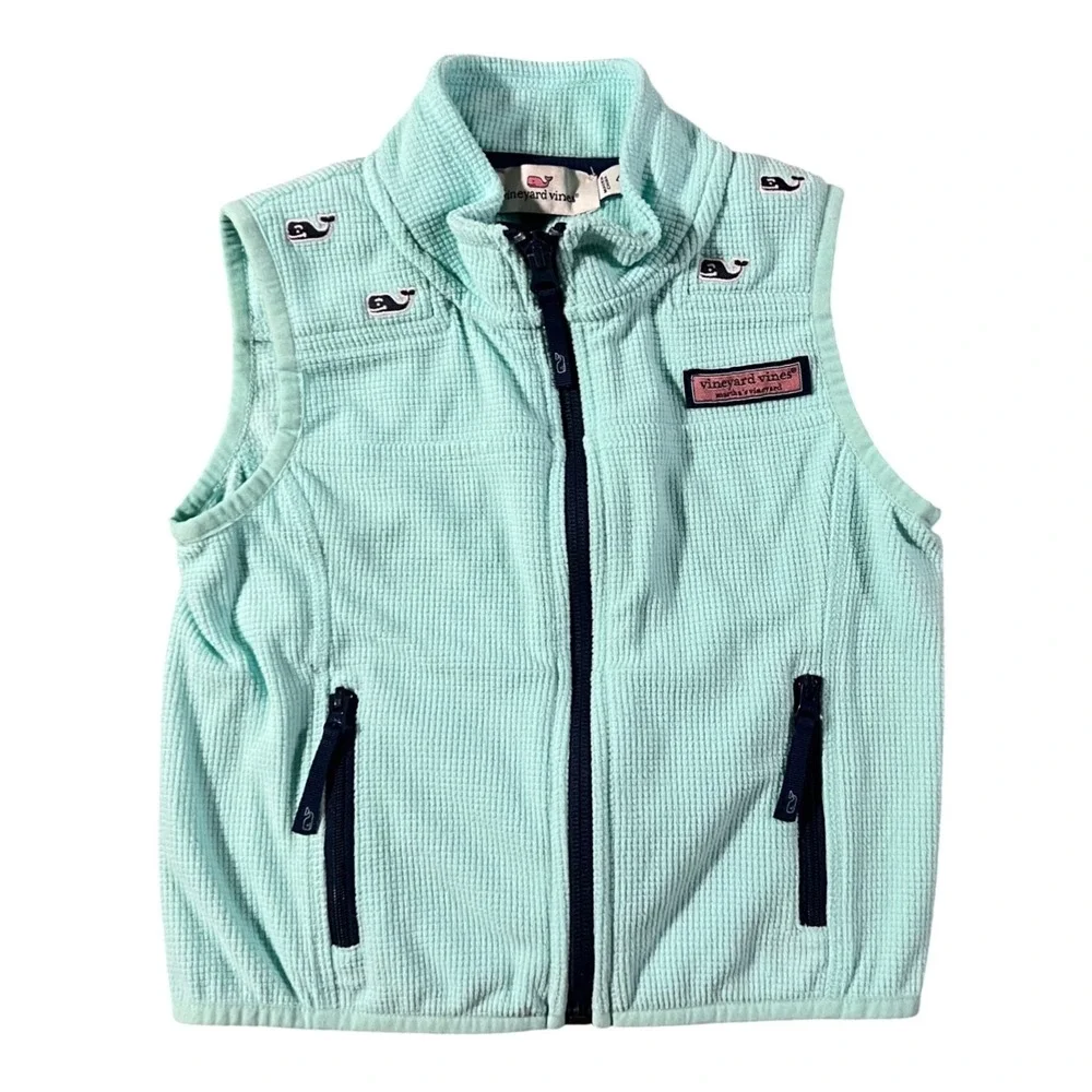 Vineyard‎ Vines Fleece Vest Kids 4T Mint Green Waffle Knit Whale Logo Zip Up